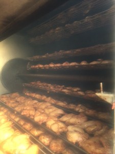 Chicken halves cooking in a Model 600